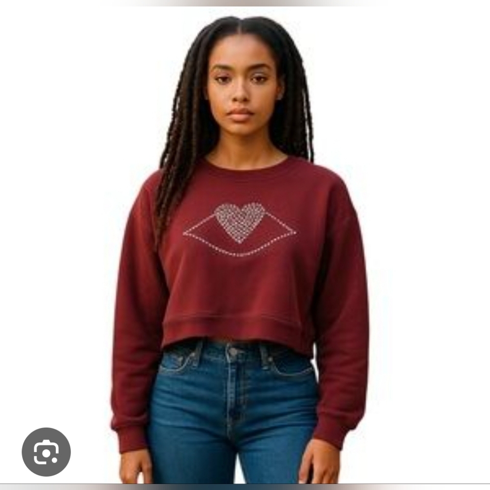 See By Chloe Cropped Heart Rhinestone Sweatshirt Medium